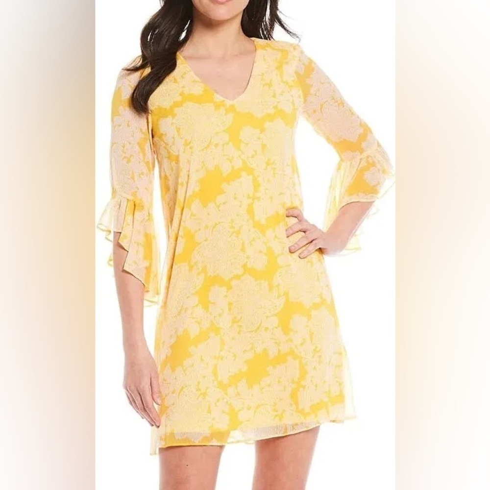 Calvin Klein Yellow Bell Sleeve Chiffon Shift Dress